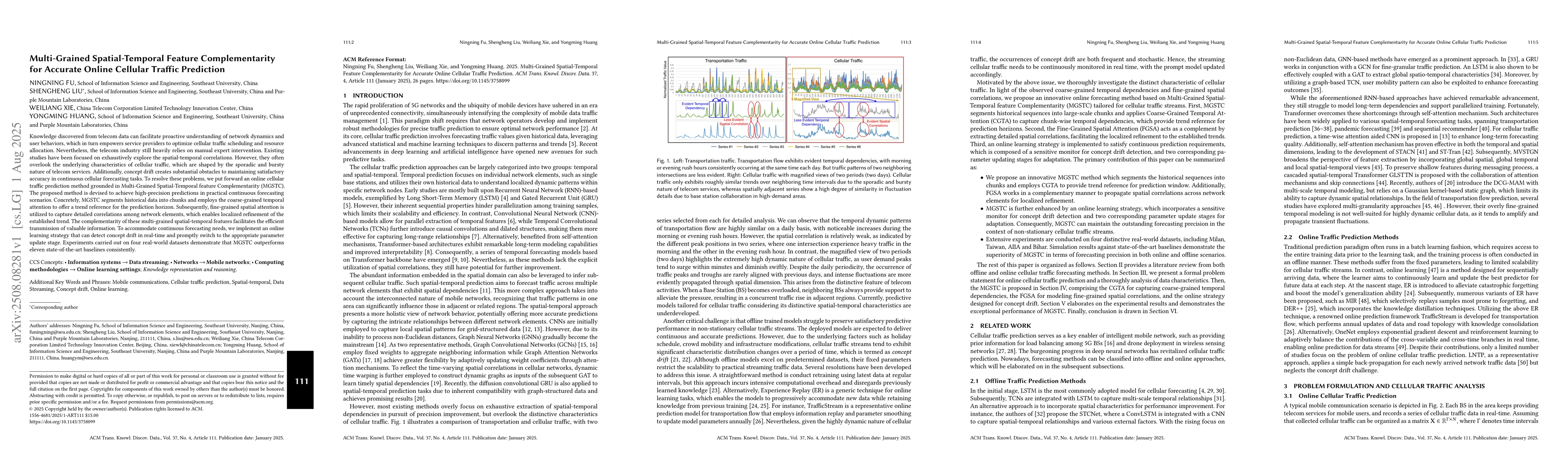 Thumbnail for Multi-grained spatial-temporal feature complementarity for accurate
  online cellular traffic prediction