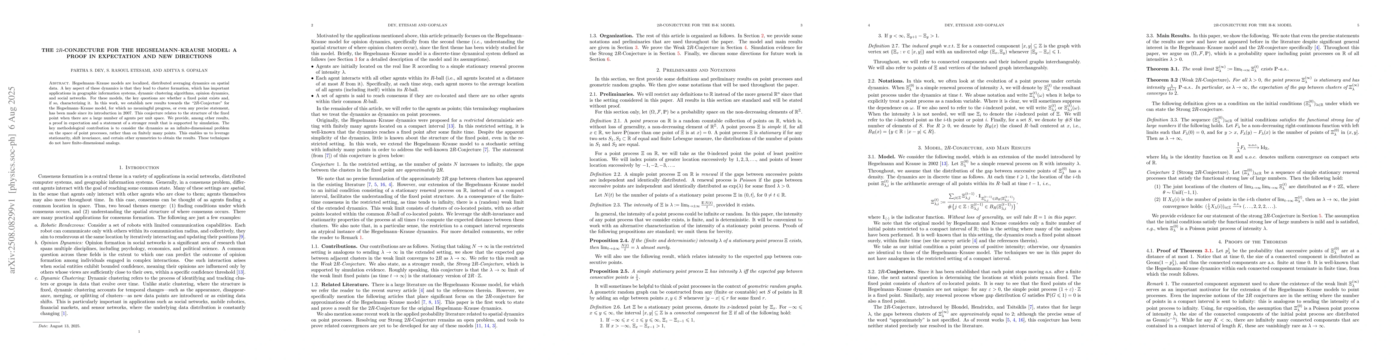 Thumbnail for The 2R-Conjecture for the Hegselmann--Krause Model: A Proof in
  Expectation and New Directions