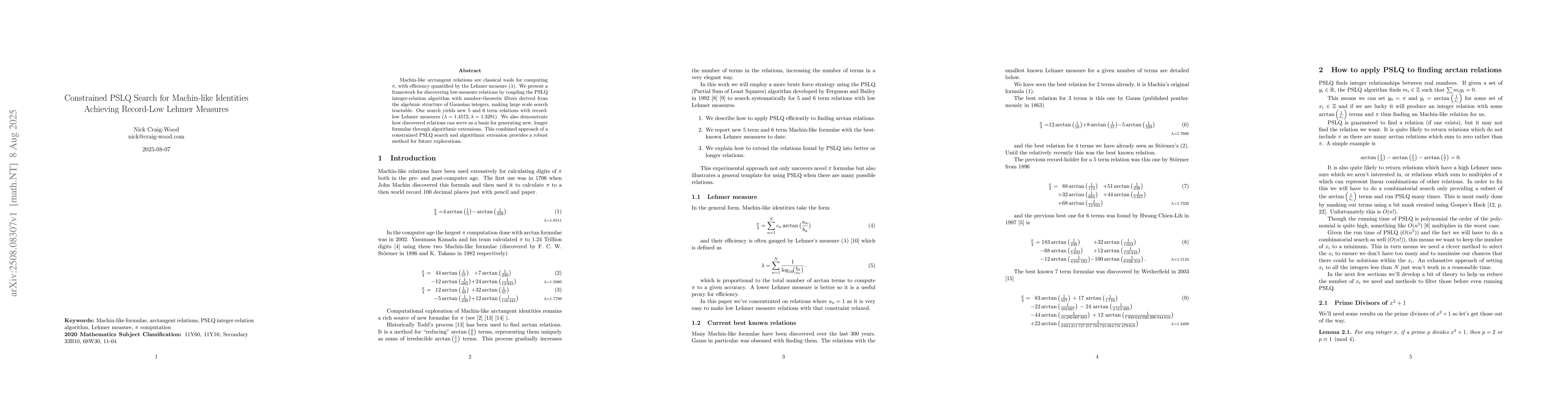 Thumbnail for Constrained PSLQ Search for Machin-like Identities Achieving Record-Low
  Lehmer Measures