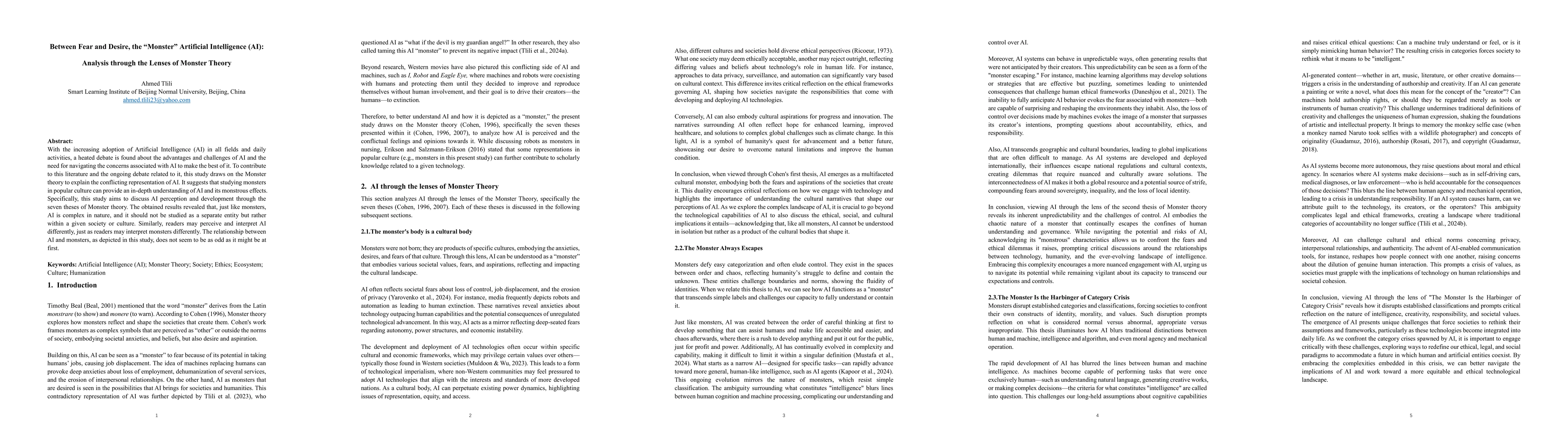 Thumbnail for Between Fear and Desire, the Monster Artificial Intelligence (AI):
  Analysis through the Lenses of Monster Theory