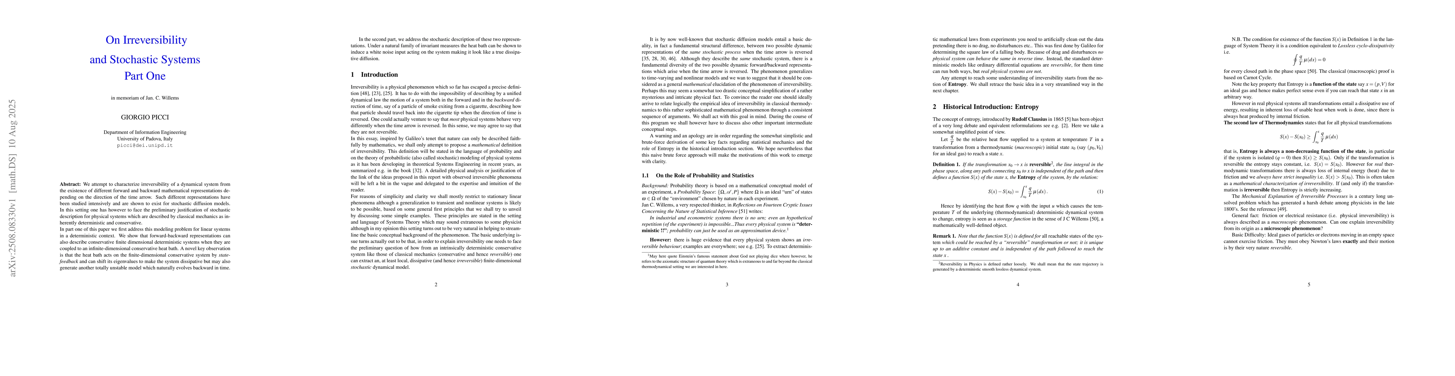 Thumbnail for On Irreversibility and Stochastic Systems: Part One