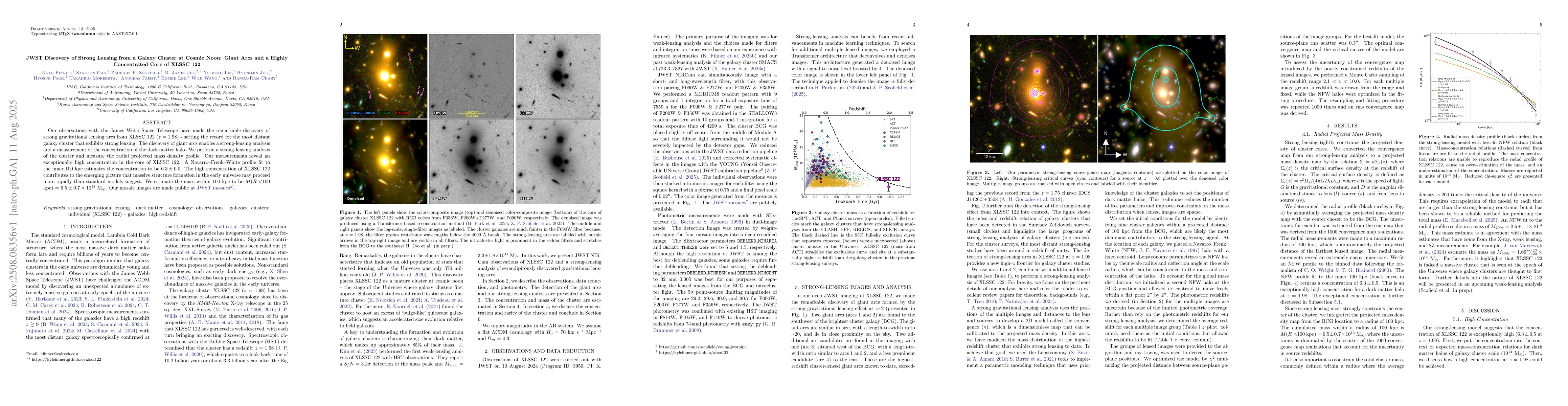 Thumbnail for JWST Discovery of Strong Lensing from a Galaxy Cluster at Cosmic Noon:
  Giant Arcs and a Highly Concentrated Core of XLSSC 122