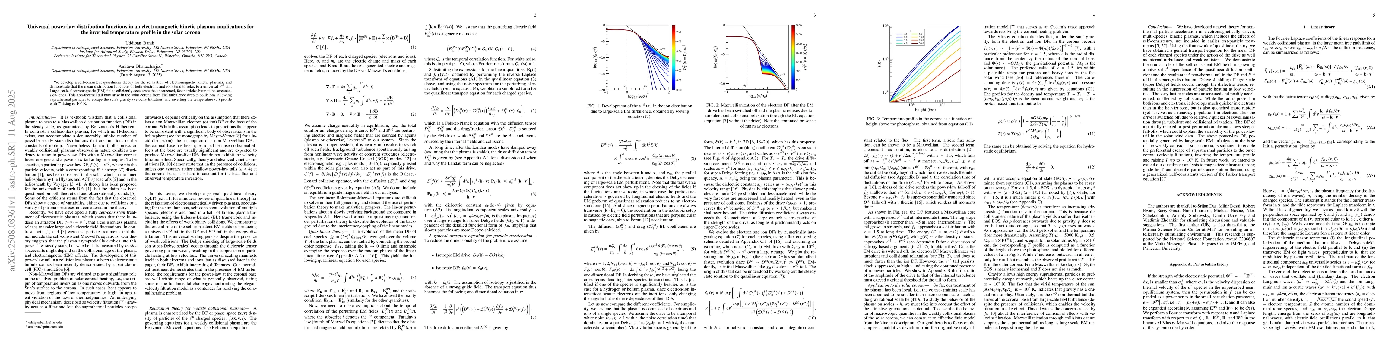 Thumbnail for Universal power-law distribution functions in an electromagnetic kinetic
  plasma: implications for the inverted temperature profile in the solar corona