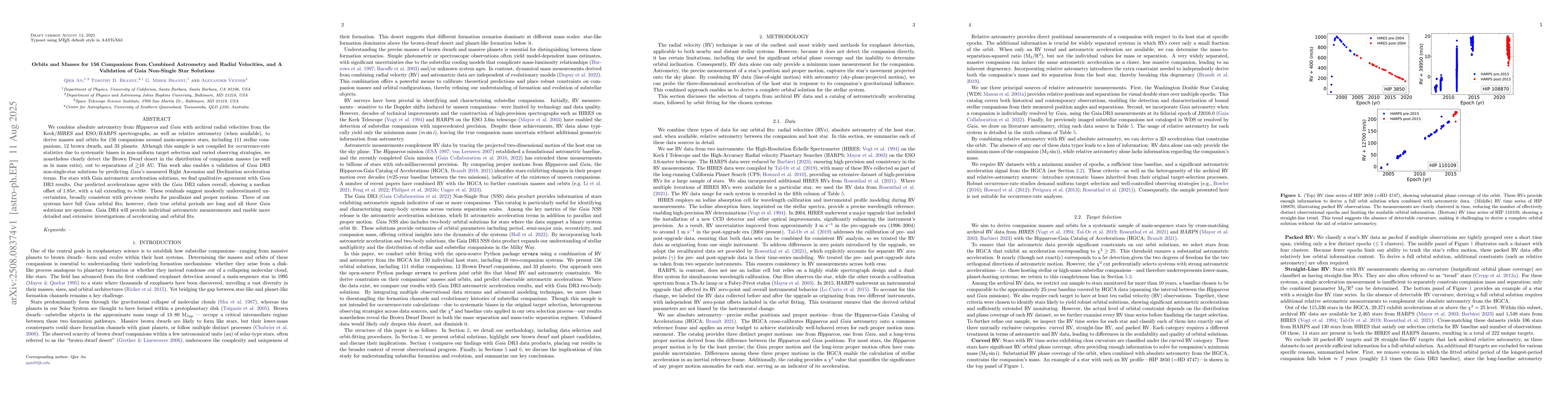 Thumbnail for Orbits and Masses for 156 Companions from Combined Astrometry and Radial
  Velocities, and A Validation of Gaia Non-Single Star Solutions