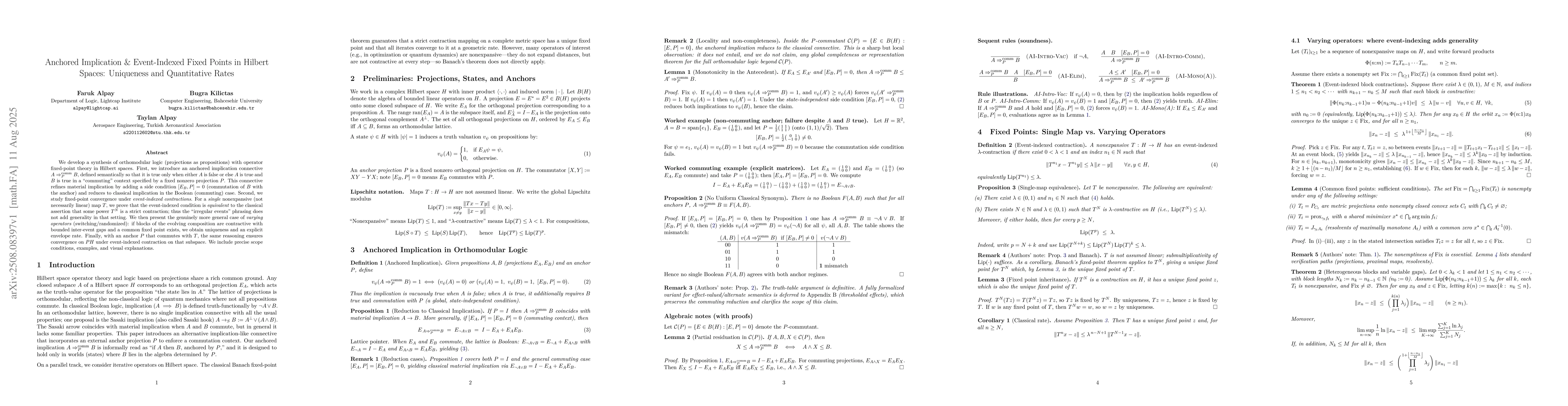 Thumbnail for Anchored Implication & Event-Indexed Fixed Points in Hilbert Spaces:
  Uniqueness and Quantitative Rates