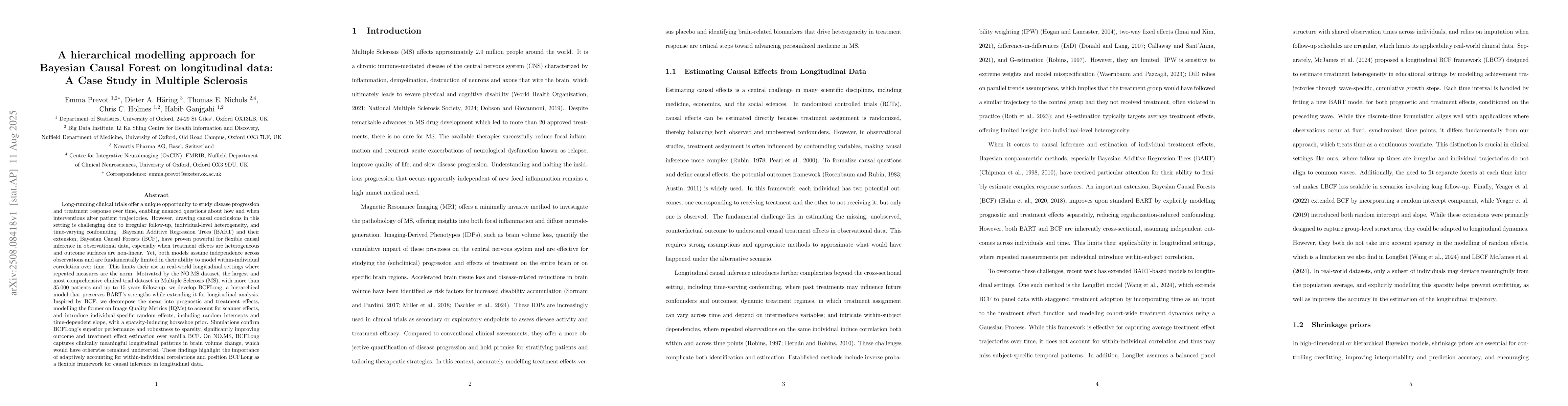 Thumbnail for A hierarchical modelling approach for Bayesian Causal Forests on
  longitudinal data: A Case Study in Multiple Sclerosis Clinical Trials