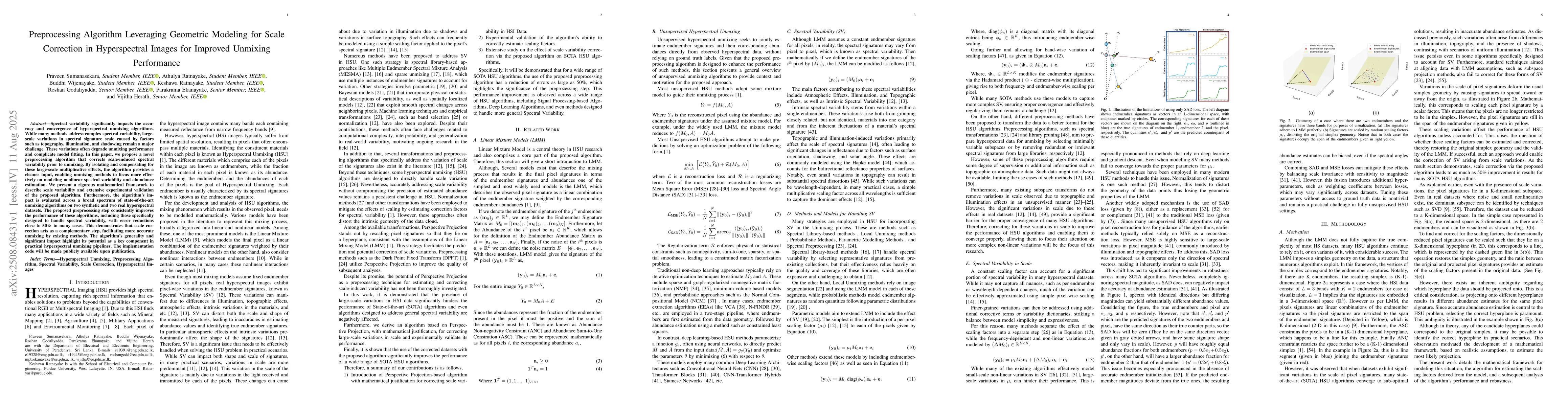 Thumbnail for Preprocessing Algorithm Leveraging Geometric Modeling for Scale
  Correction in Hyperspectral Images for Improved Unmixing Performance