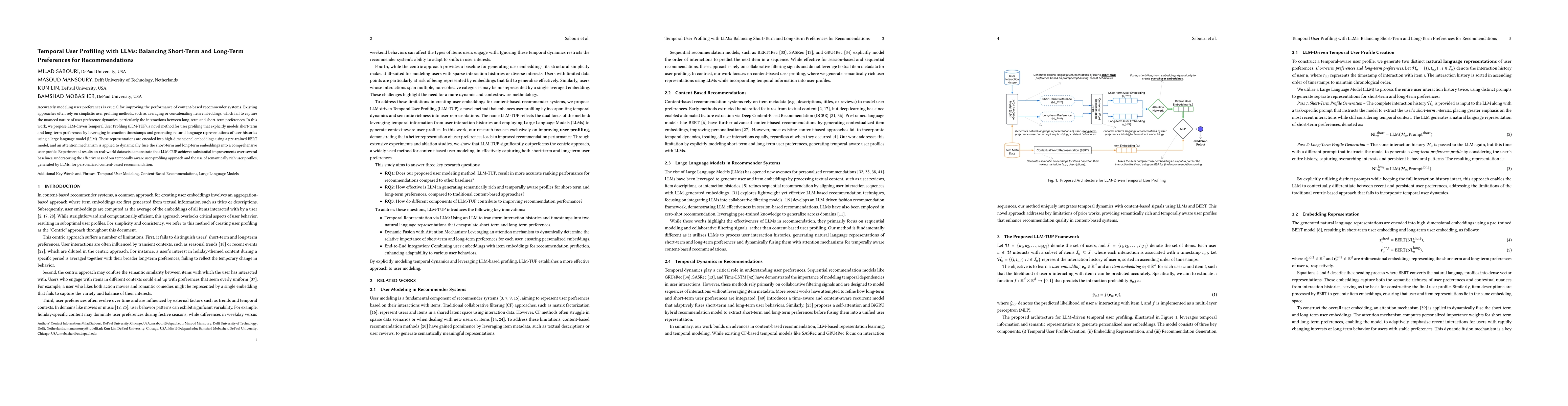 Thumbnail for Temporal User Profiling with LLMs: Balancing Short-Term and Long-Term
  Preferences for Recommendations