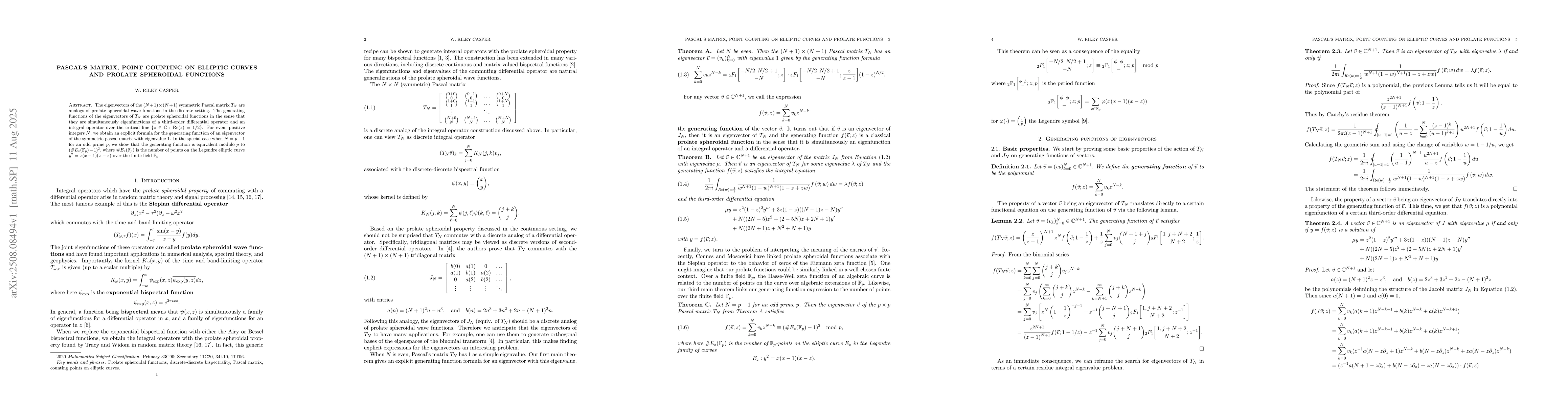 Thumbnail for Pascal's Matrix, Point Counting on Elliptic Curves and Prolate
  Spheroidal Functions