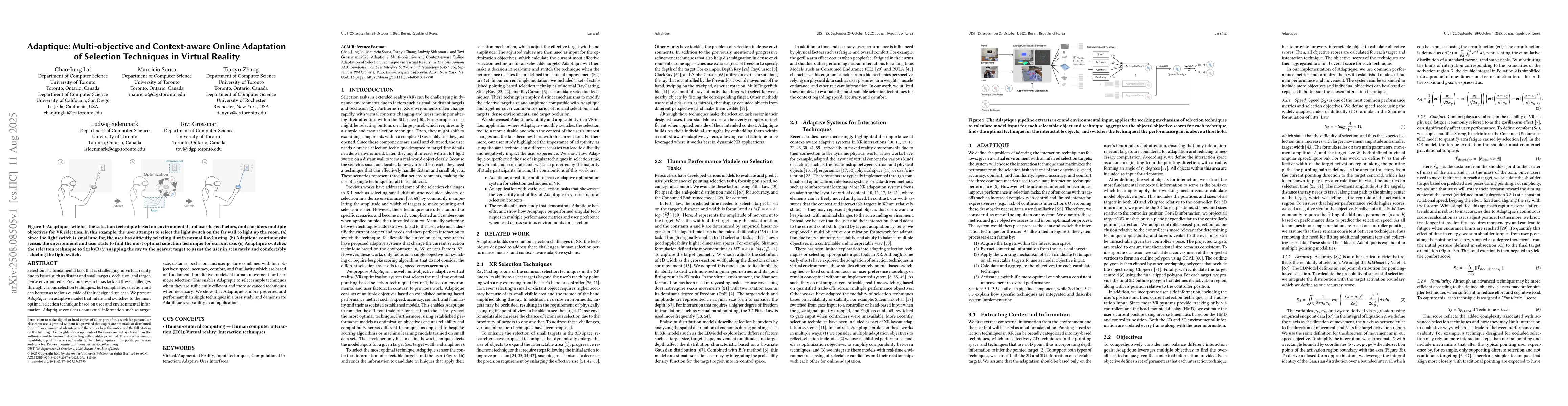 Thumbnail for Adaptique: Multi-objective and Context-aware Online Adaptation of
  Selection Techniques in Virtual Reality