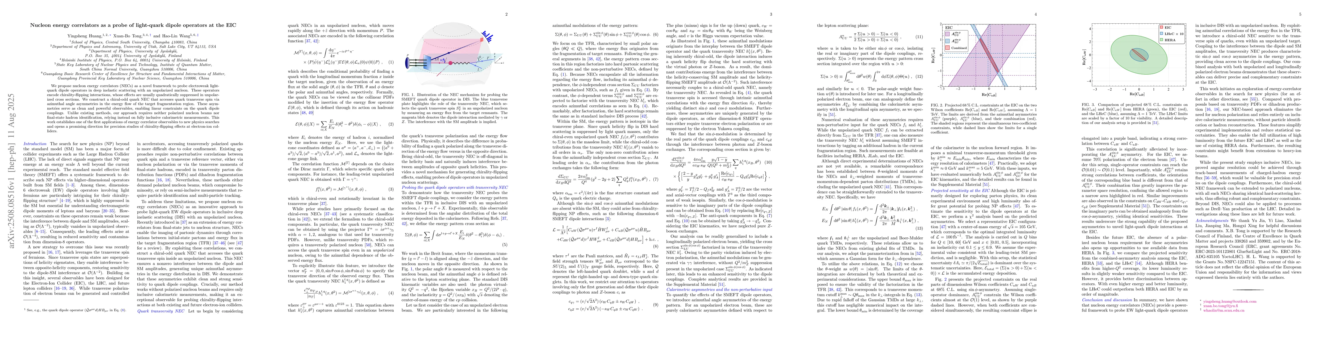 Thumbnail for Nucleon energy correlators as a probe of light-quark dipole operators at
  the EIC
