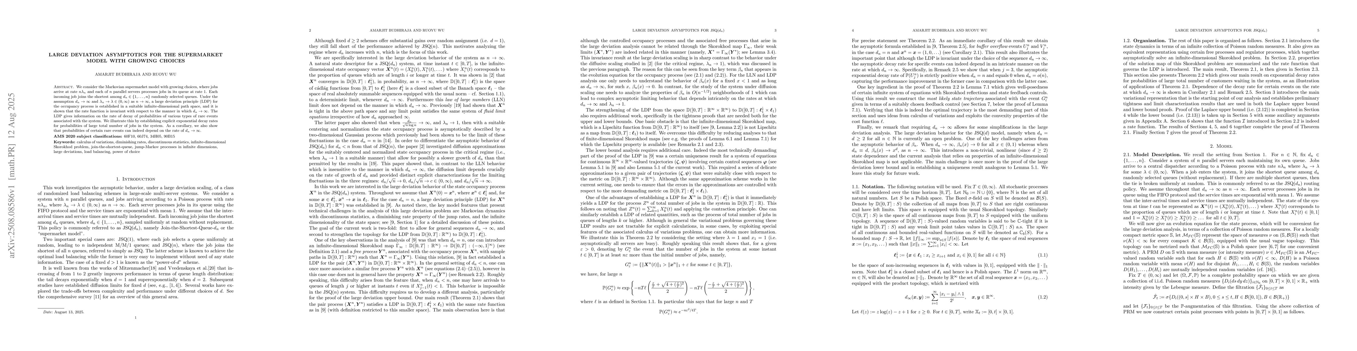 Thumbnail for Large Deviation Asymptotics for the Supermarket Model with Growing
  Choices
