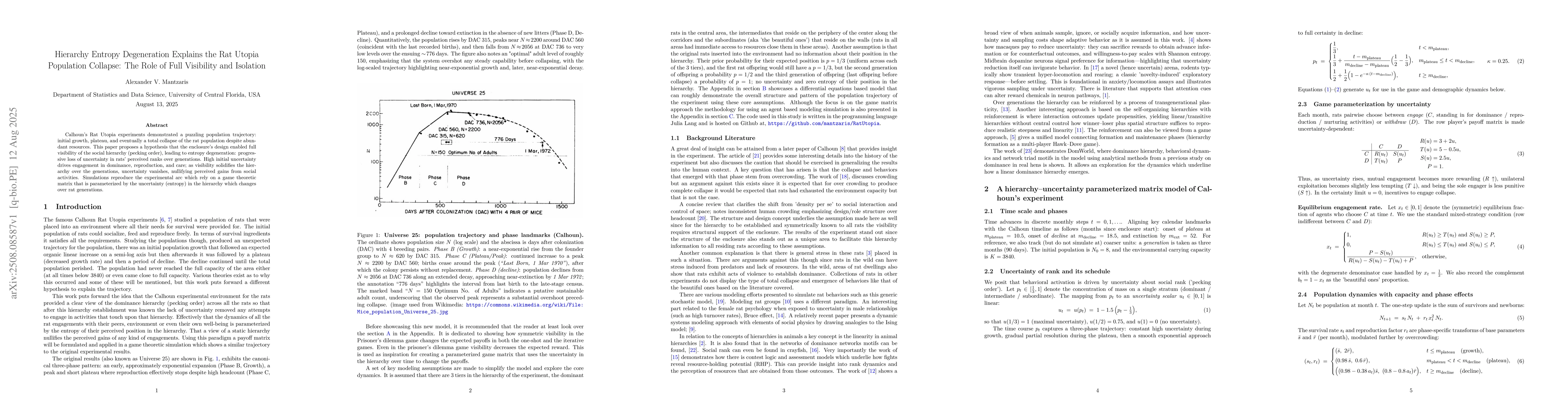Thumbnail for Hierarchy Entropy Degeneration Explains the Rat Utopia Population
  Collapse: The Role of Full Visibility and Isolation