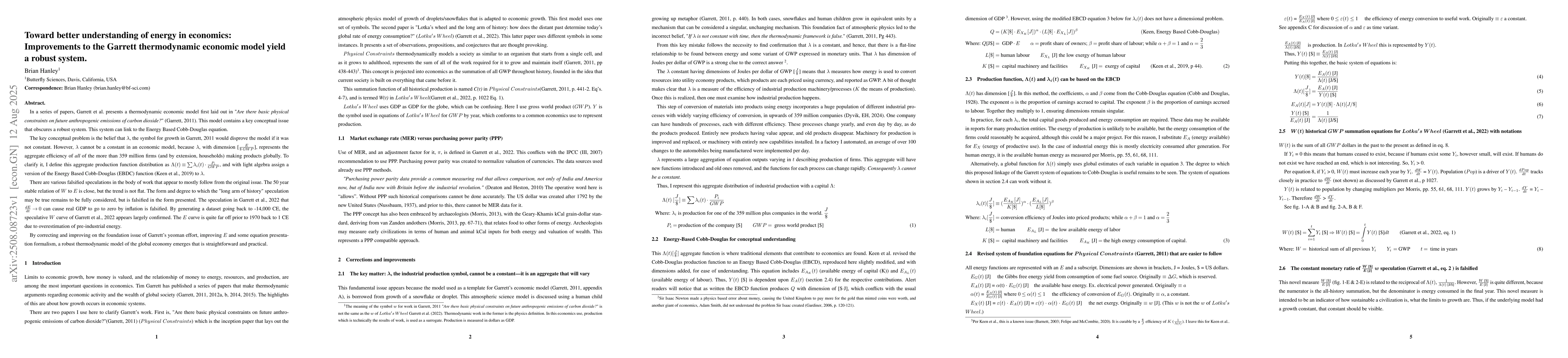 Thumbnail for Toward better understanding of energy in economics: Improvements to the
  Garrett thermodynamic economic model yield a robust system