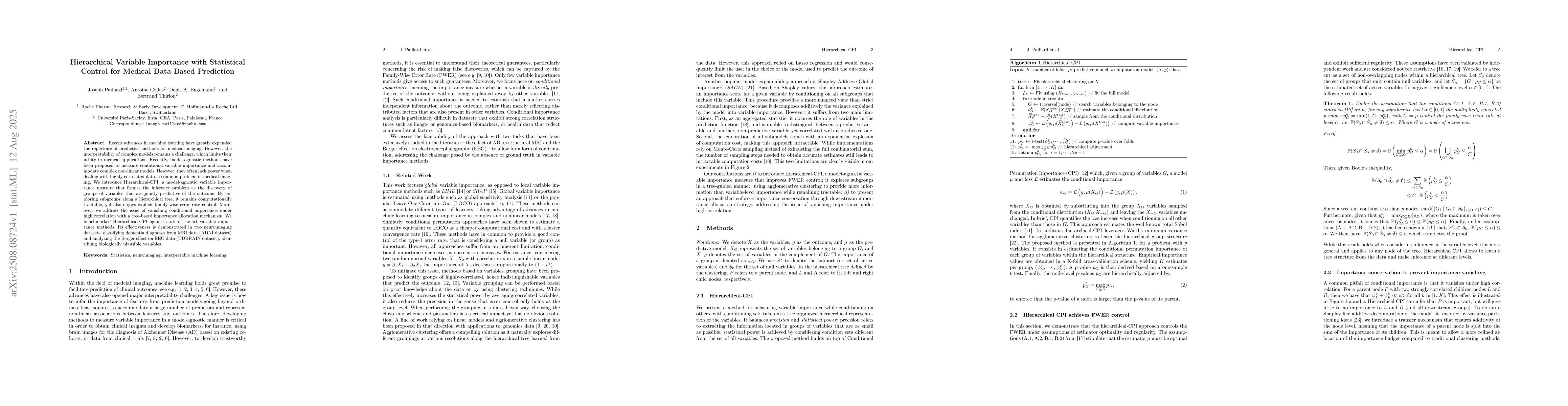 Thumbnail for Hierarchical Variable Importance with Statistical Control for Medical
  Data-Based Prediction