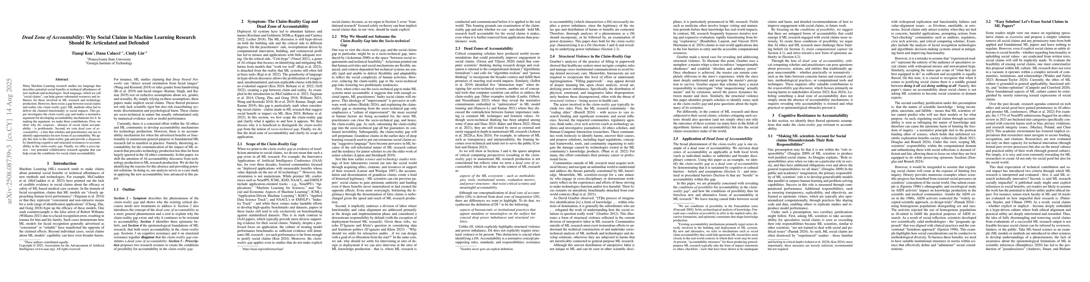 Thumbnail for Dead Zone of Accountability: Why Social Claims in Machine Learning
  Research Should Be Articulated and Defended