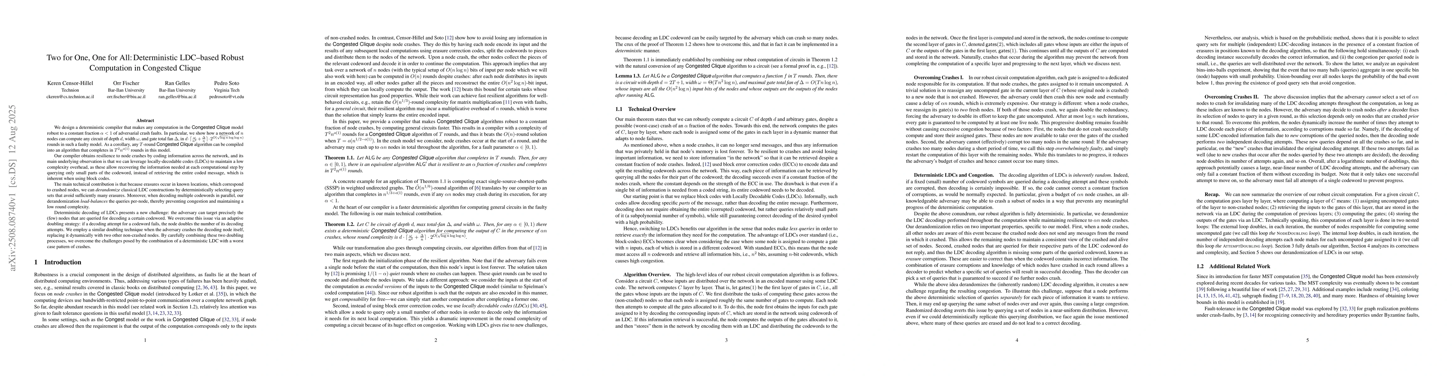 Thumbnail for Two for One, One for All: Deterministic LDC-based Robust Computation in
  Congested Clique