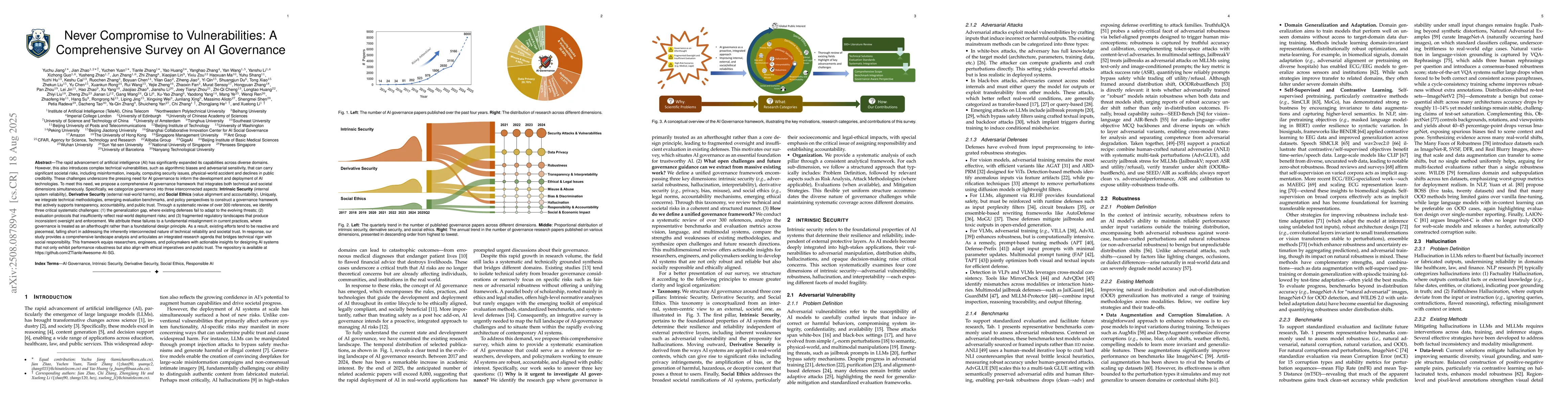Thumbnail for Never Compromise to Vulnerabilities: A Comprehensive Survey on AI
  Governance