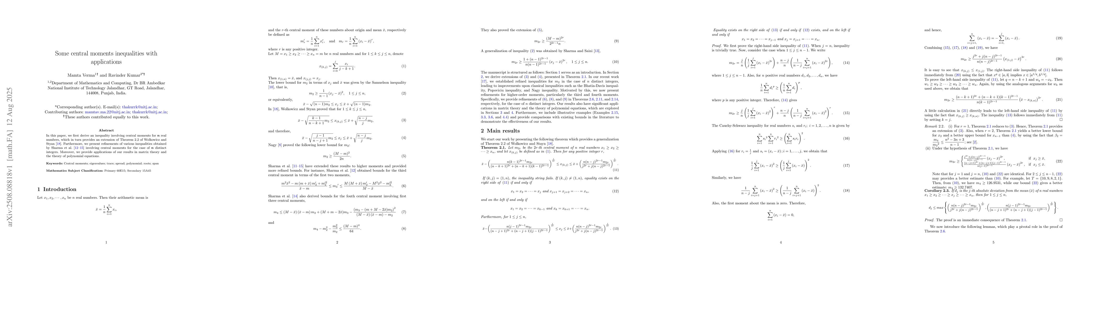 Thumbnail for Some central moments inequalities with applications
