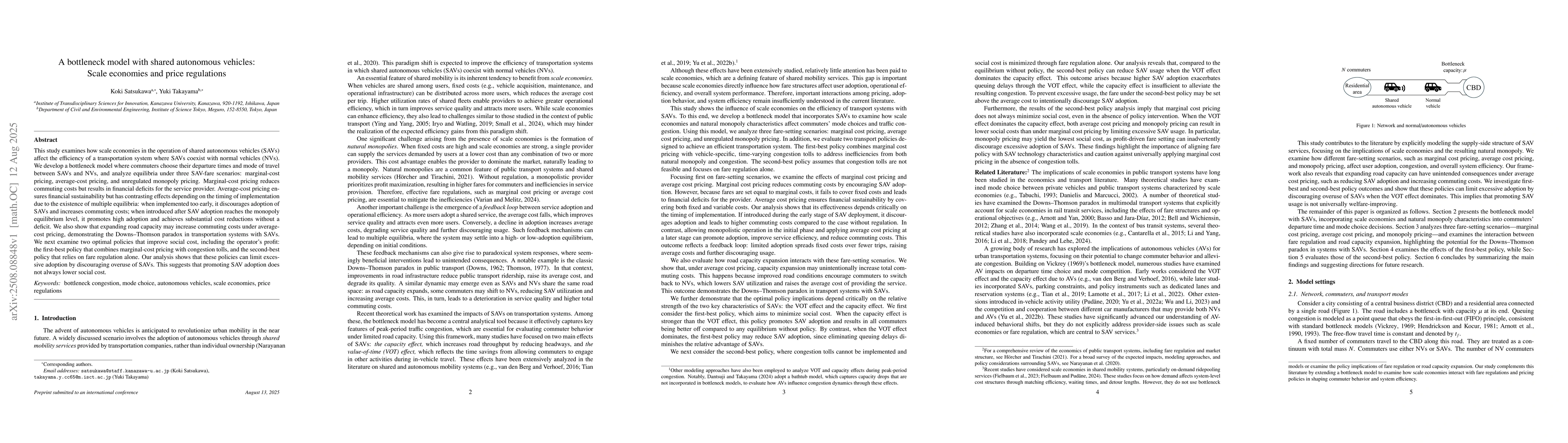 Thumbnail for A bottleneck model with shared autonomous vehicles: Scale economies and
  price regulations