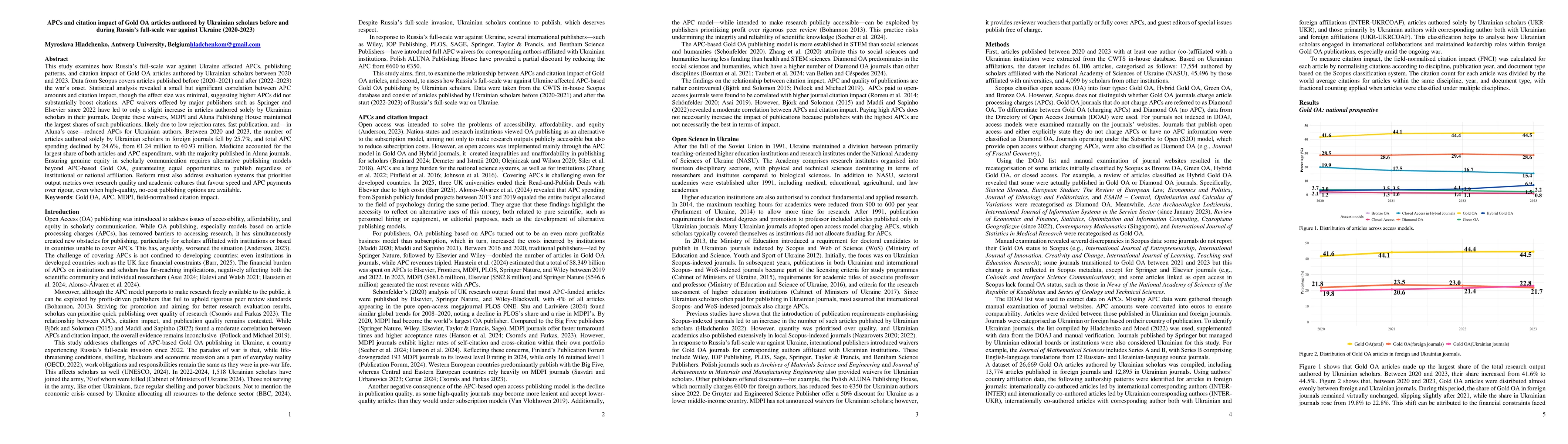 Thumbnail for APCs and citation impact of Gold OA articles authored by Ukrainian
  scholars before and during Russia's full-scale war against Ukraine
  (2020-2023)