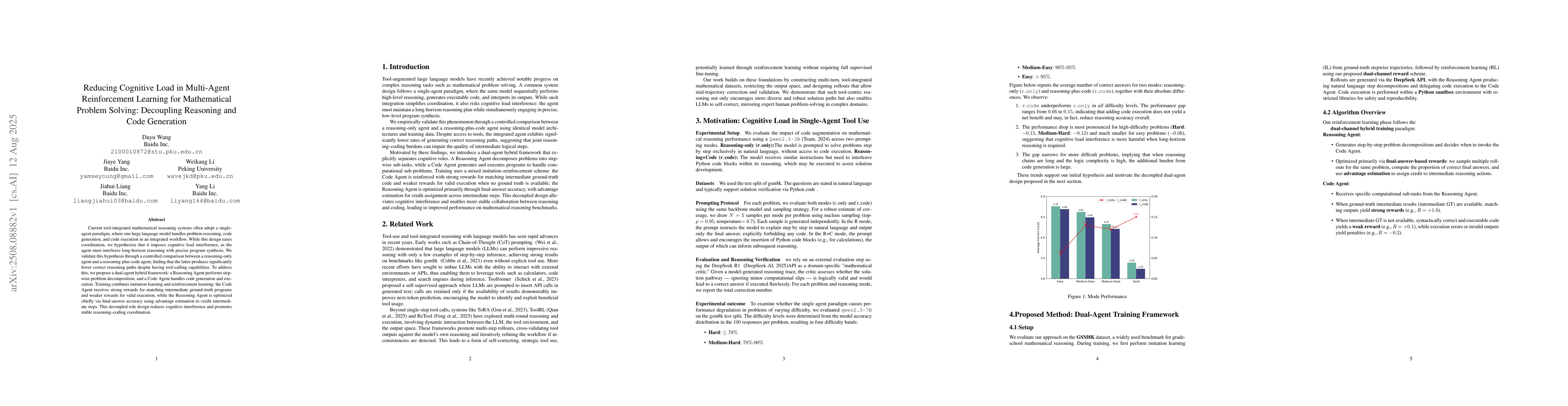 Thumbnail for Reducing Cognitive Load in Multi-Agent Reinforcement Learning for
  Mathematical Problem Solving: Decoupling Reasoning and Code Generation