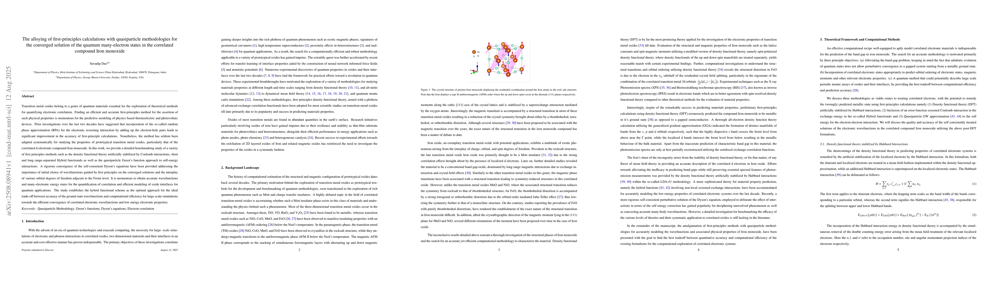 Thumbnail for The alloying of first-principles calculations with quasiparticle
  methodologies for the converged solution of the quantum many-electron states
  in the correlated compound Iron monoxide
