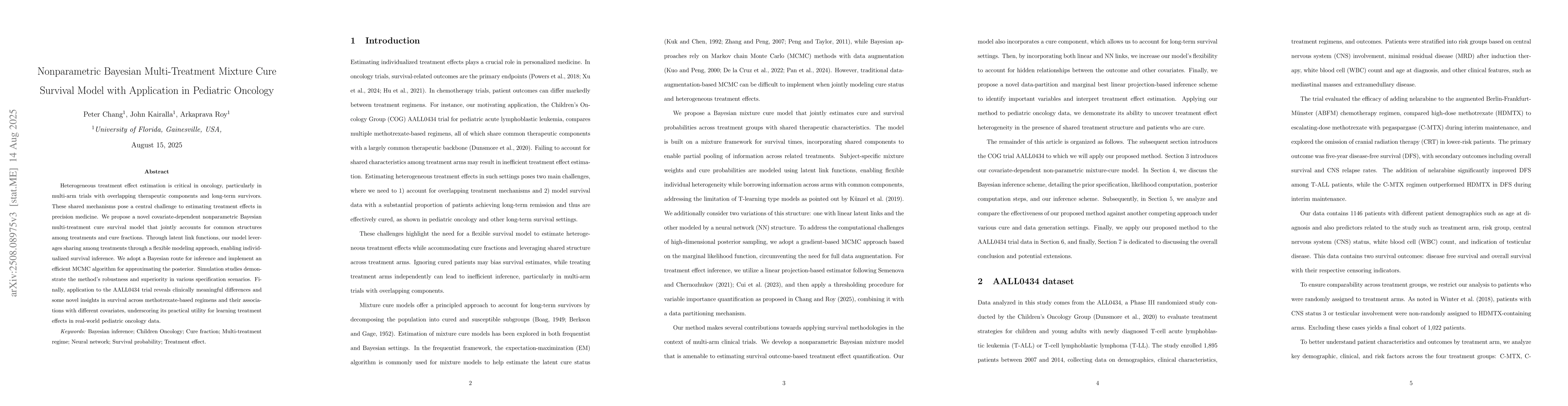Thumbnail for Nonparametric Bayesian Multi-Treatment Mixture Cure Survival Model with
  Application in Pediatric Oncology