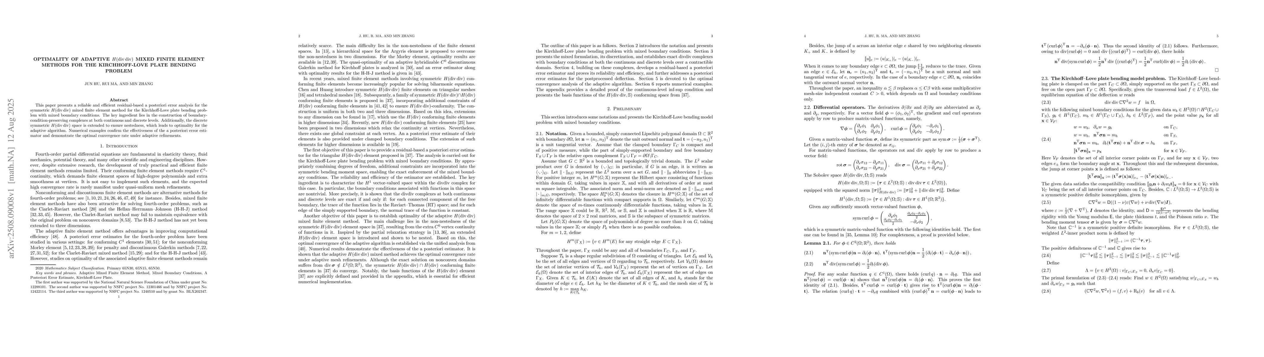 Thumbnail for Optimality of adaptive $H(\operatorname{div}\operatorname{div})$ mixed
  finite element methods for the Kirchhoff-Love plate bending problem