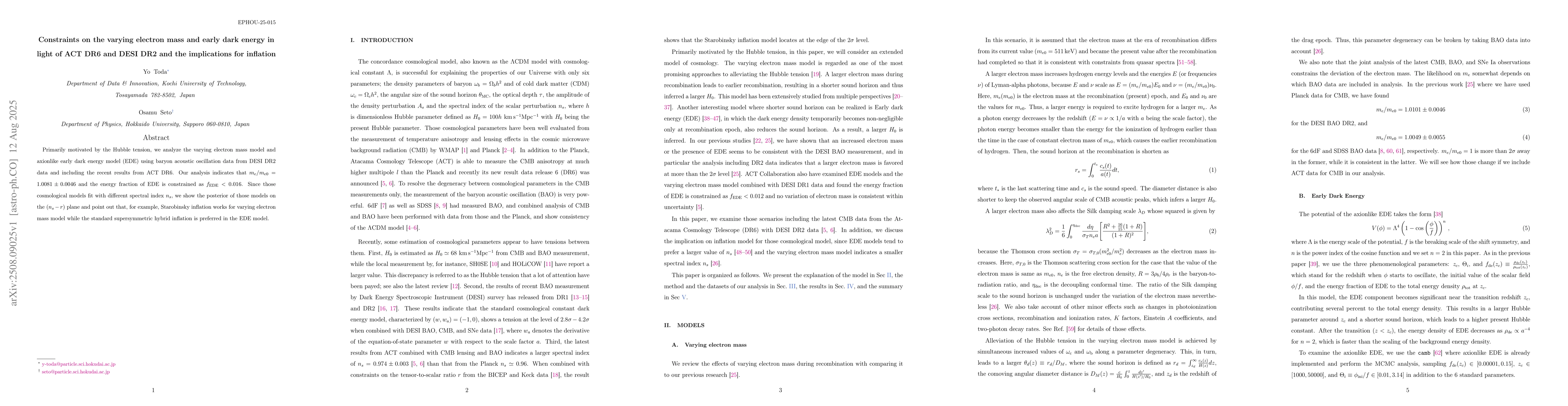 Thumbnail for Constraints on the varying electron mass and early dark energy in light
  of ACT DR6 and DESI DR2 and the implications for inflation