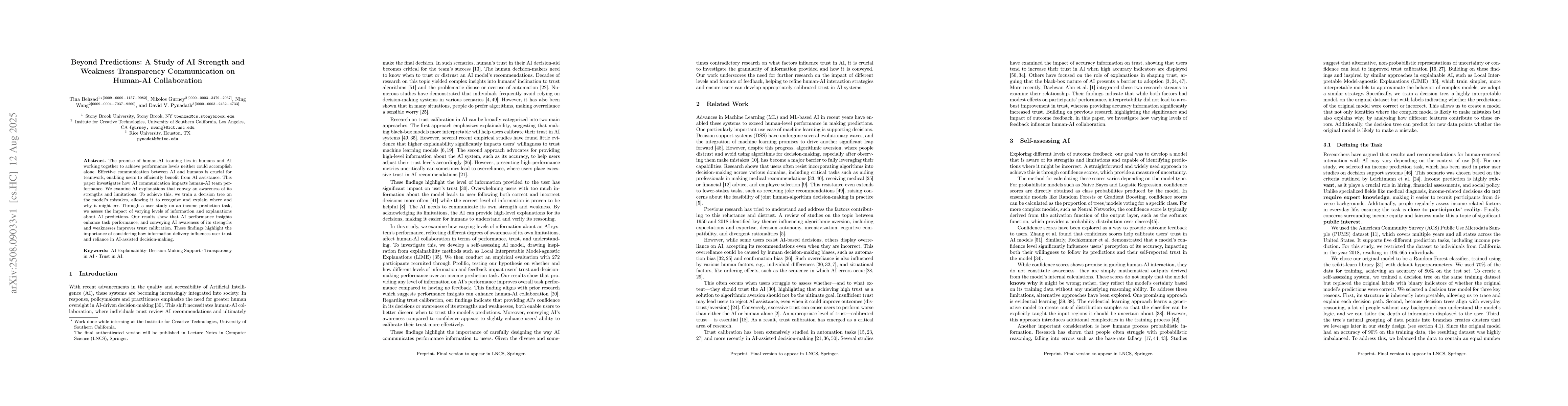 Thumbnail for Beyond Predictions: A Study of AI Strength and Weakness Transparency
  Communication on Human-AI Collaboration