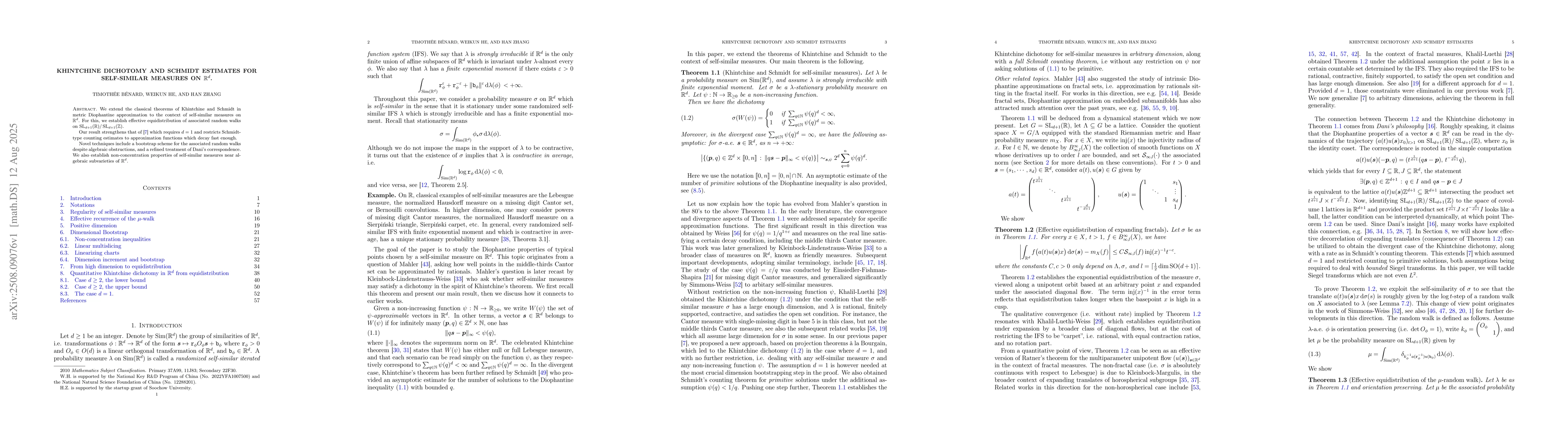 Thumbnail for Khintchine dichotomy and Schmidt estimates for self-similar measures on
  $\mathbb{R}^d$