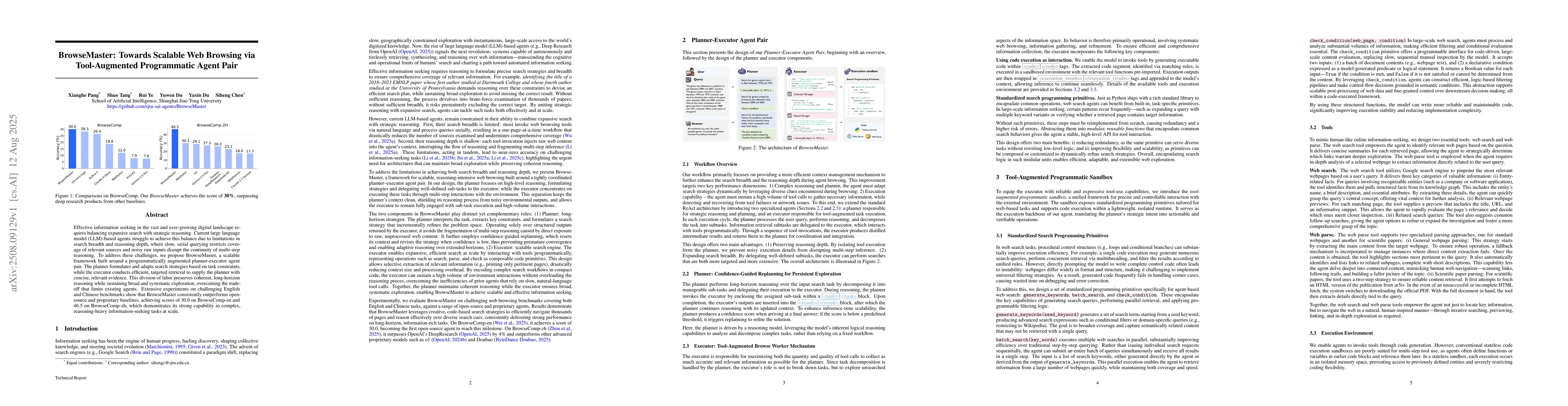Thumbnail for BrowseMaster: Towards Scalable Web Browsing via Tool-Augmented
  Programmatic Agent Pair