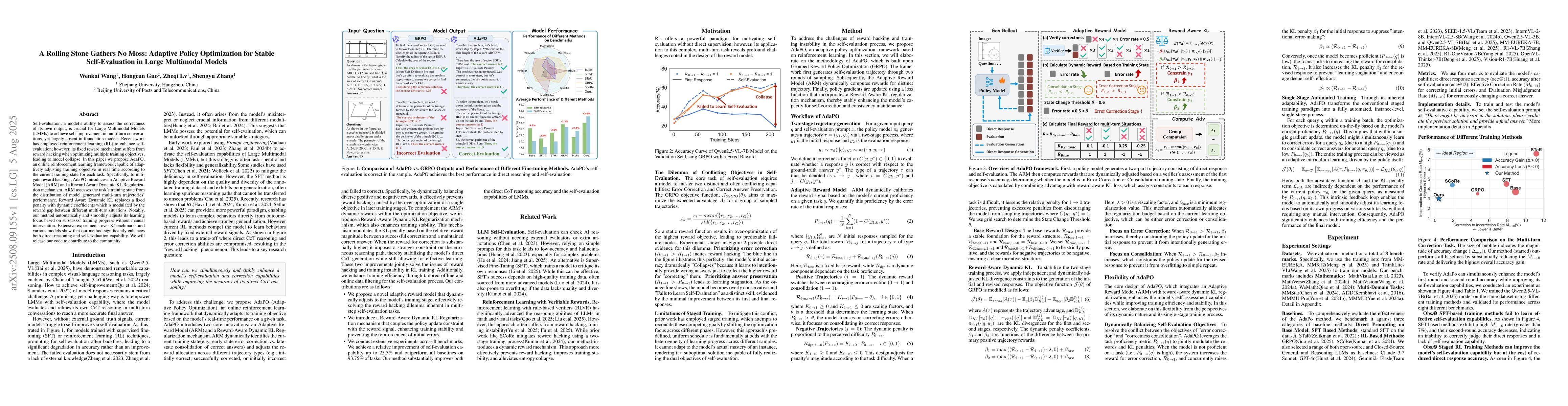 Thumbnail for A Rolling Stone Gathers No Moss: Adaptive Policy Optimization for Stable
  Self-Evaluation in Large Multimodal Models