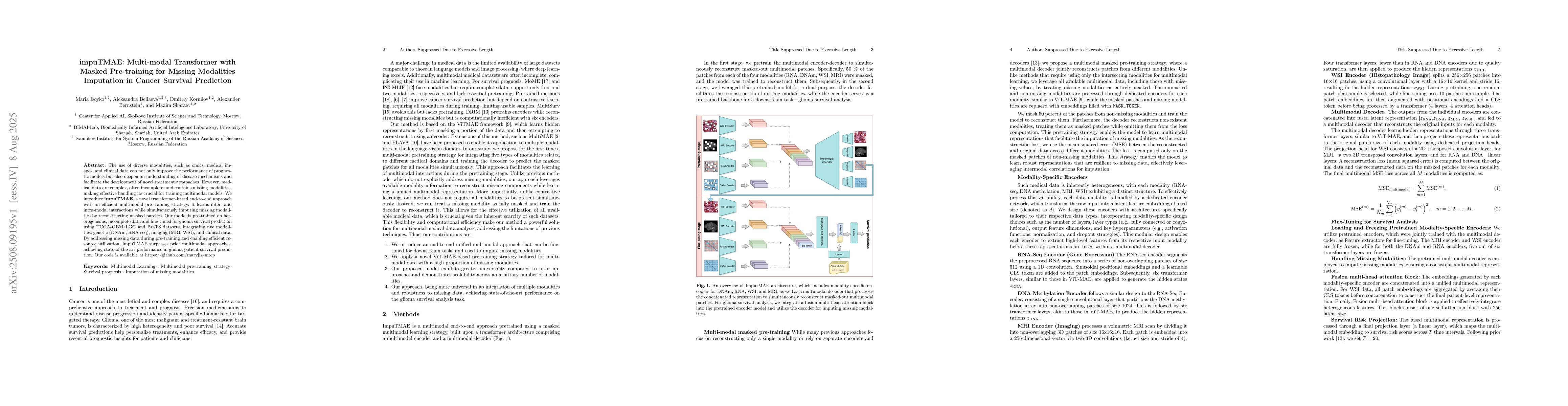 Thumbnail for impuTMAE: Multi-modal Transformer with Masked Pre-training for Missing
  Modalities Imputation in Cancer Survival Prediction