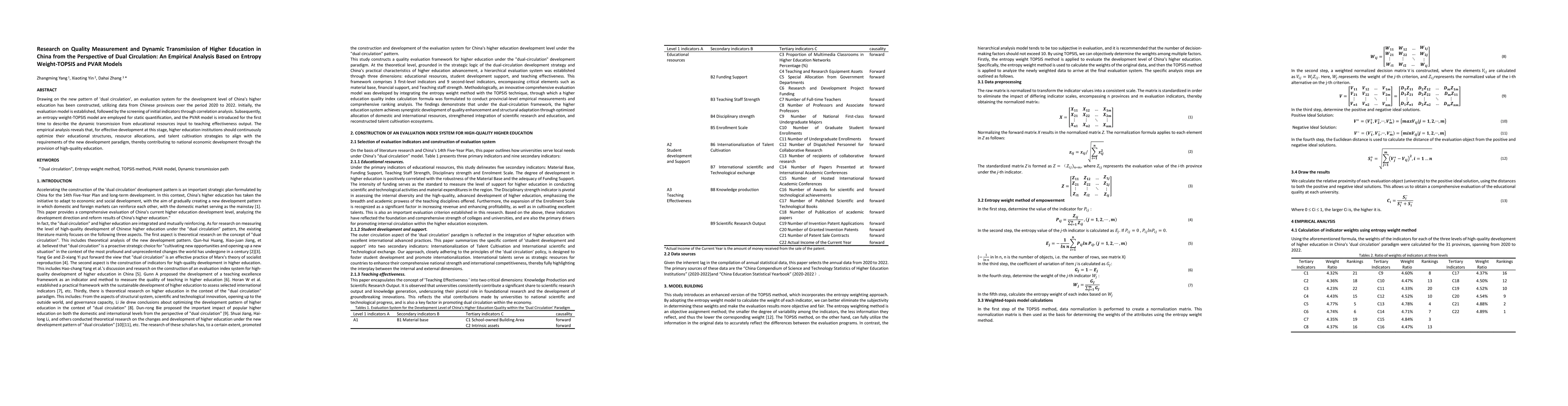 Thumbnail for Research on Quality Measurement and Dynamic Transmission of Higher
  Education in China from the Perspective of Dual Circulation: An Empirical
  Analysis Based on Entropy Weight-TOPSIS and PVAR Models