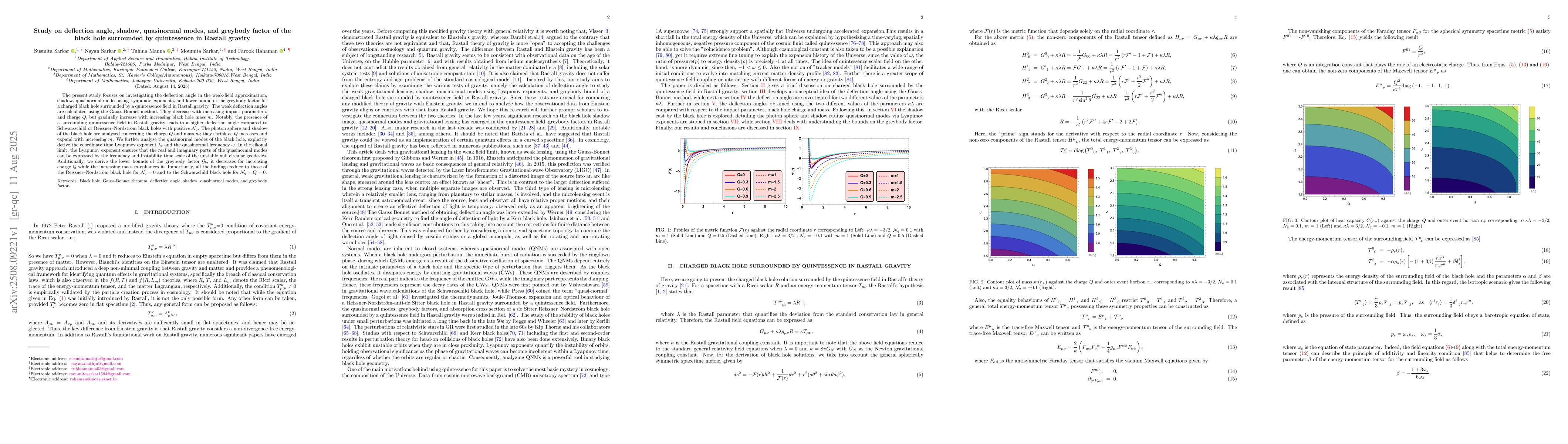 Thumbnail for Study on deflection angle, shadow, quasinormal modes, and greybody
  factor of the black hole surrounded by quintessence in Rastall gravity