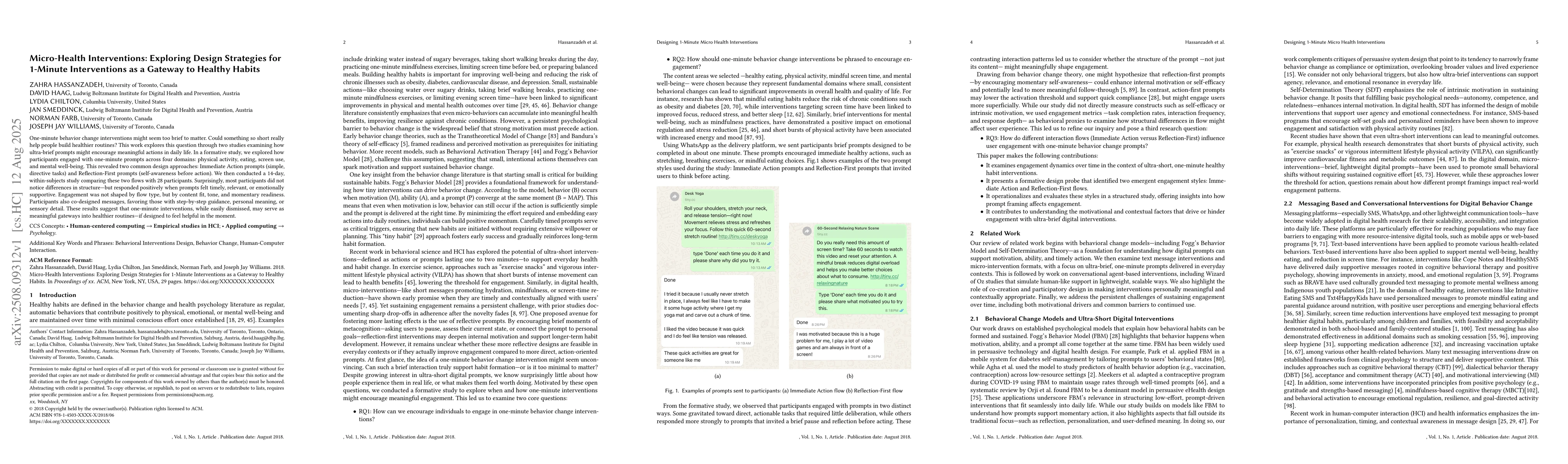 Thumbnail for Micro-Health Interventions: Exploring Design Strategies for 1-Minute
  Interventions as a Gateway to Healthy Habits