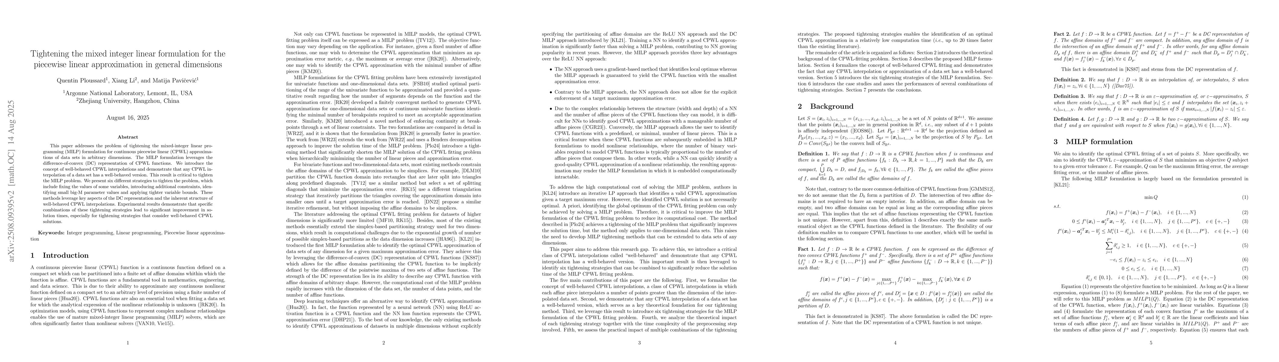 Thumbnail for Tightening the mixed integer linear formulation for the piecewise linear
  approximation in general dimensions