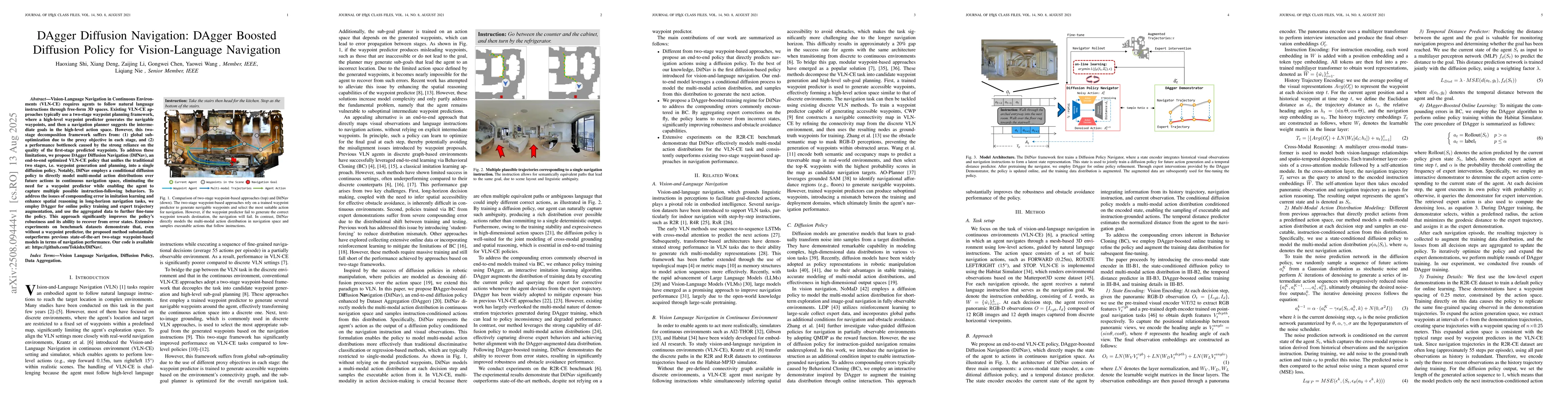 Thumbnail for DAgger Diffusion Navigation: DAgger Boosted Diffusion Policy for
  Vision-Language Navigation