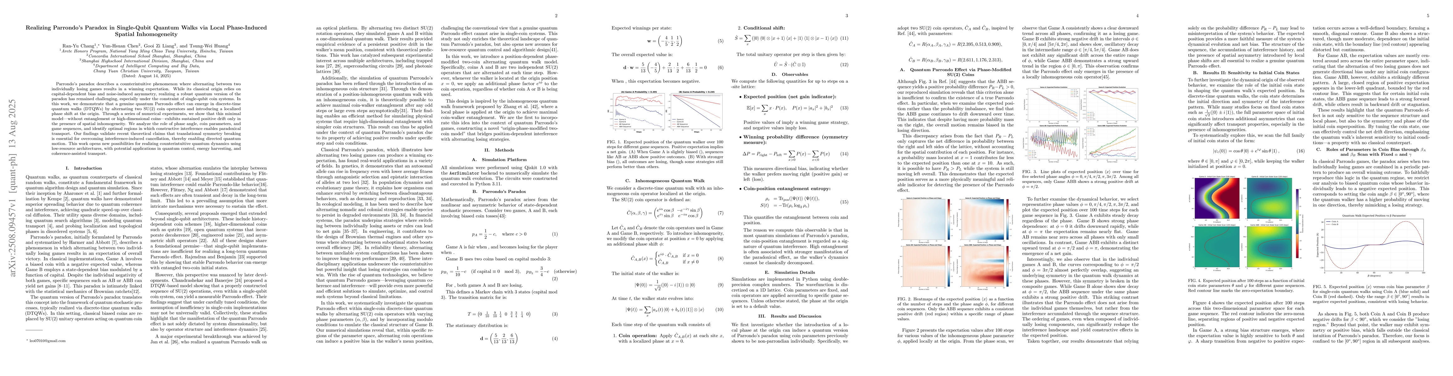 Thumbnail for Realizing Parrondo's Paradox in Single-Qubit Quantum Walks via Local
  Phase-Induced Spatial Inhomogeneity