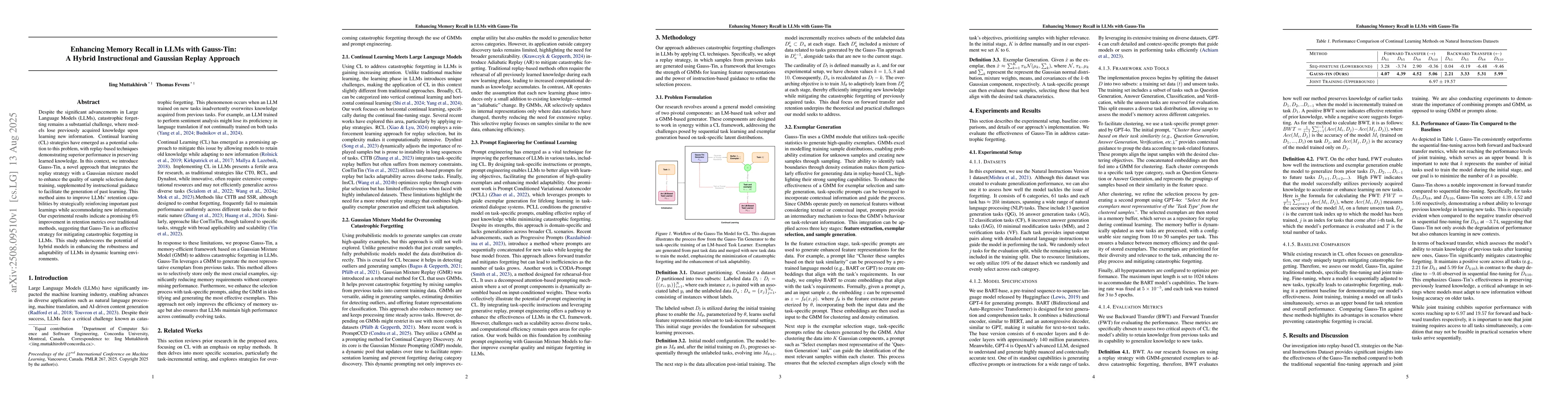Thumbnail for Enhancing Memory Recall in LLMs with Gauss-Tin: A Hybrid Instructional
  and Gaussian Replay Approach