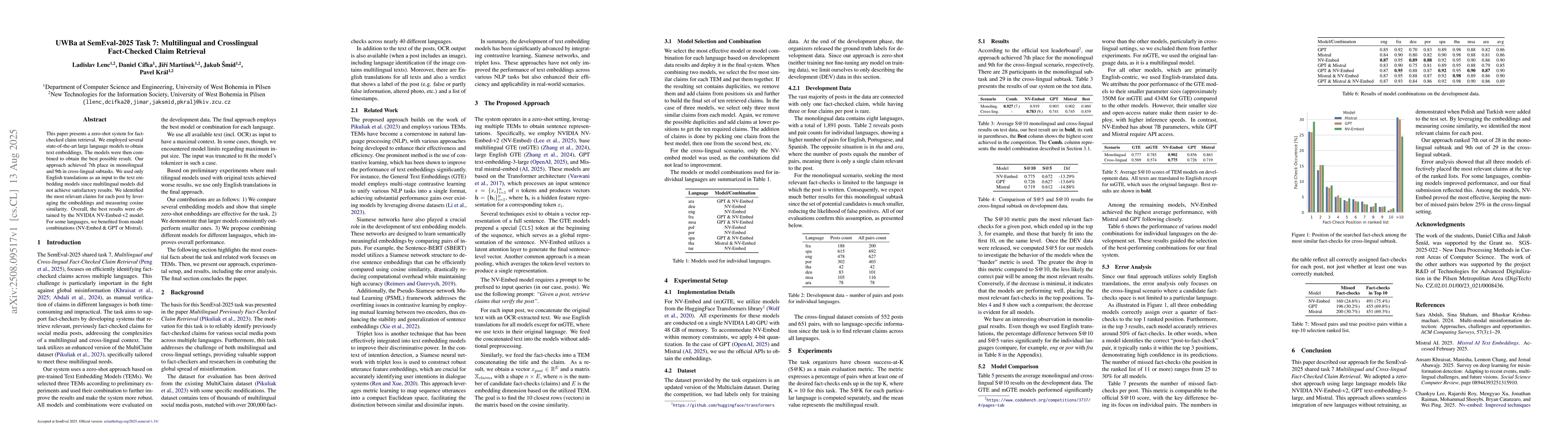 Thumbnail for UWBa at SemEval-2025 Task 7: Multilingual and Crosslingual Fact-Checked
  Claim Retrieval