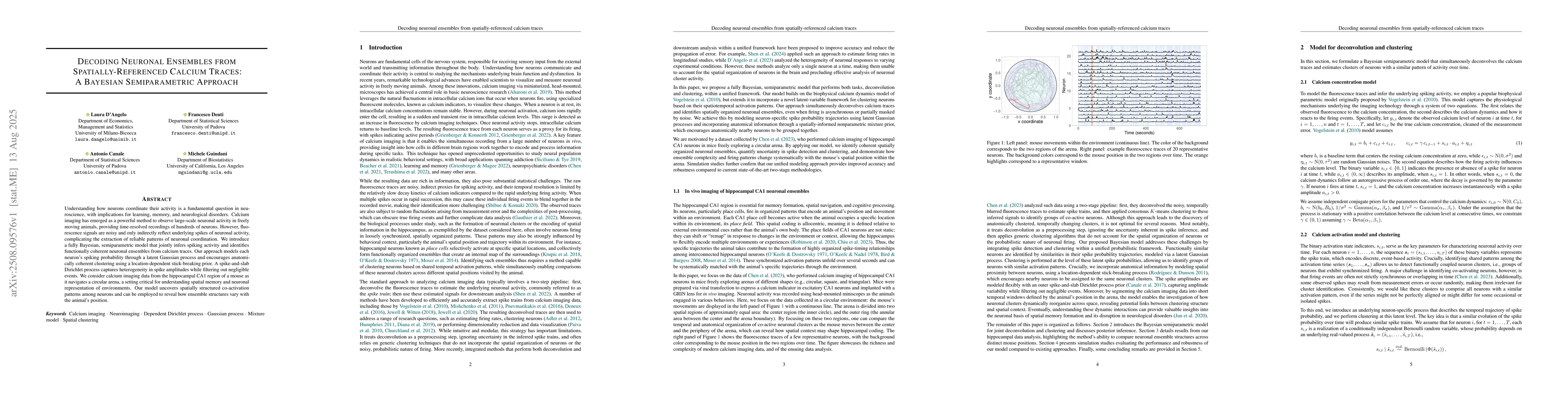 Thumbnail for Decoding Neuronal Ensembles from Spatially-Referenced Calcium Traces: A
  Bayesian Semiparametric Approach