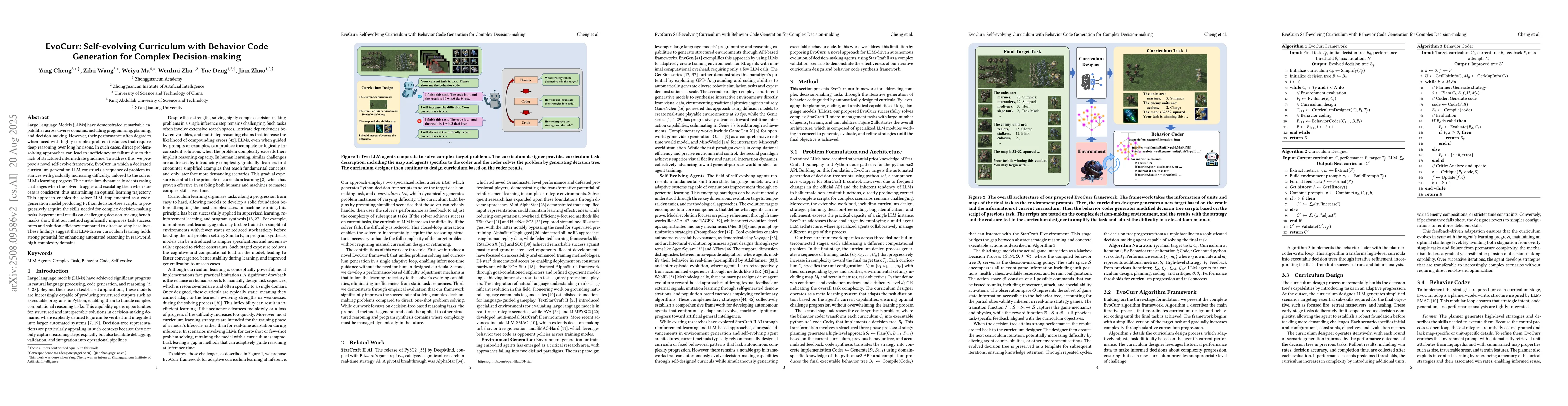 Thumbnail for EvoCurr: Self-evolving Curriculum with Behavior Code Generation for
  Complex Decision-making