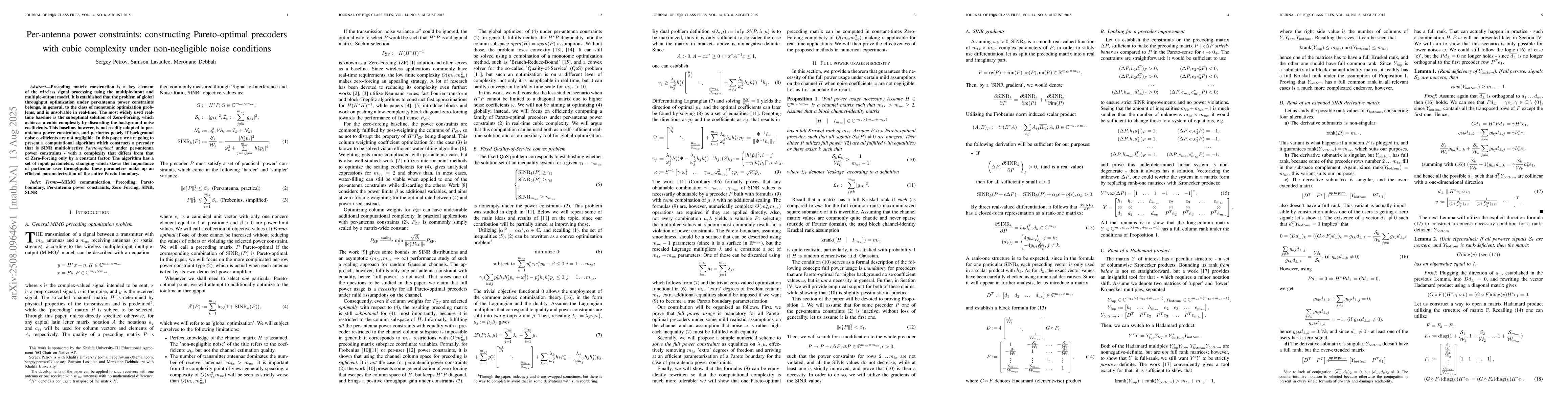 Thumbnail for Per-antenna power constraints: constructing Pareto-optimal precoders
  with cubic complexity under non-negligible noise conditions