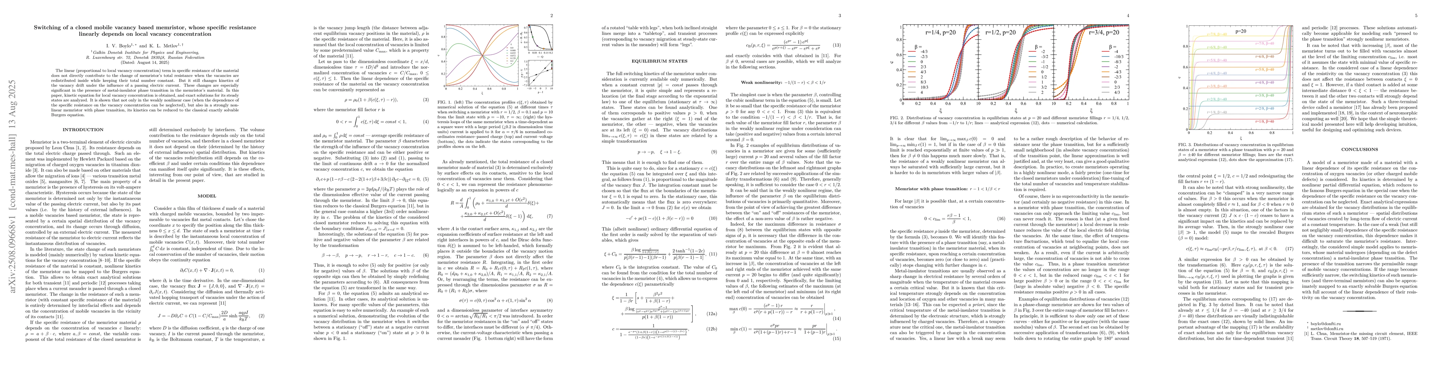 Thumbnail for Switching of a closed mobile vacancy based memristor, whose specific
  resistance linearly depends on local vacancy concentration