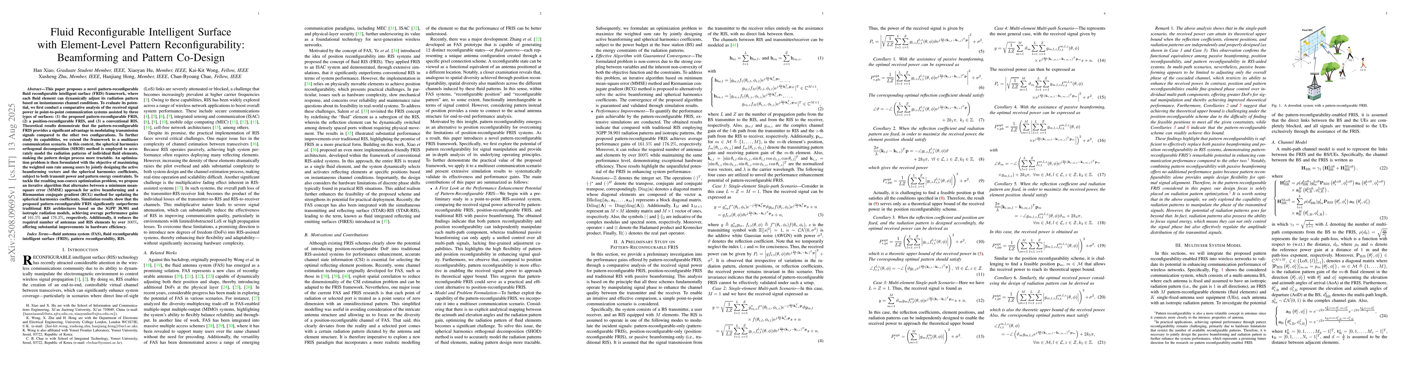 Thumbnail for Fluid Reconfigurable Intelligent Surface with Element-Level Pattern
  Reconfigurability: Beamforming and Pattern Co-Design