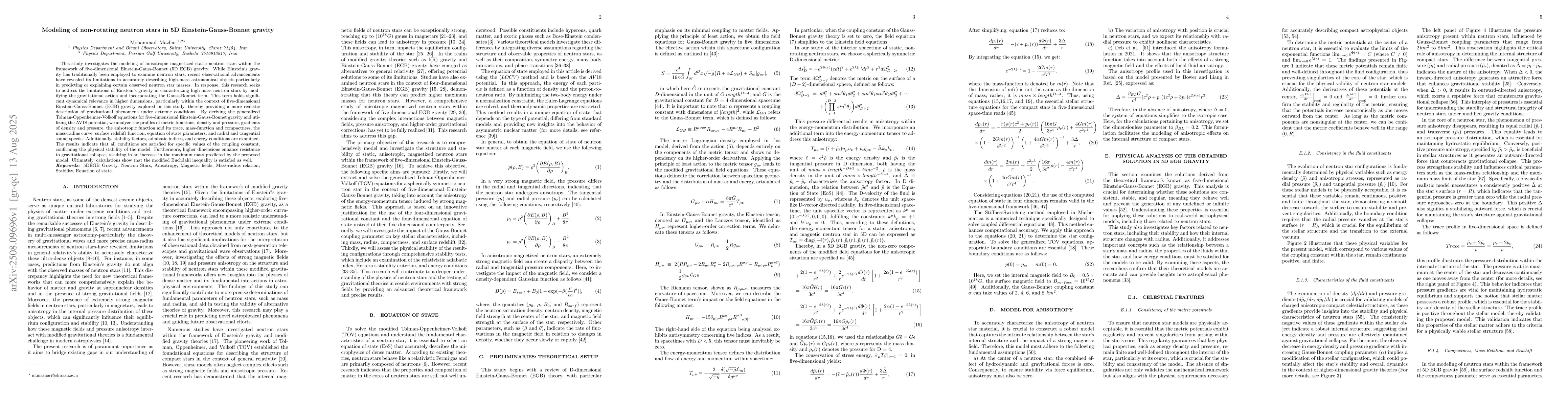 Thumbnail for Modeling of non-rotating neutron stars in 5D Einstein-Gauss-Bonnet
  gravity