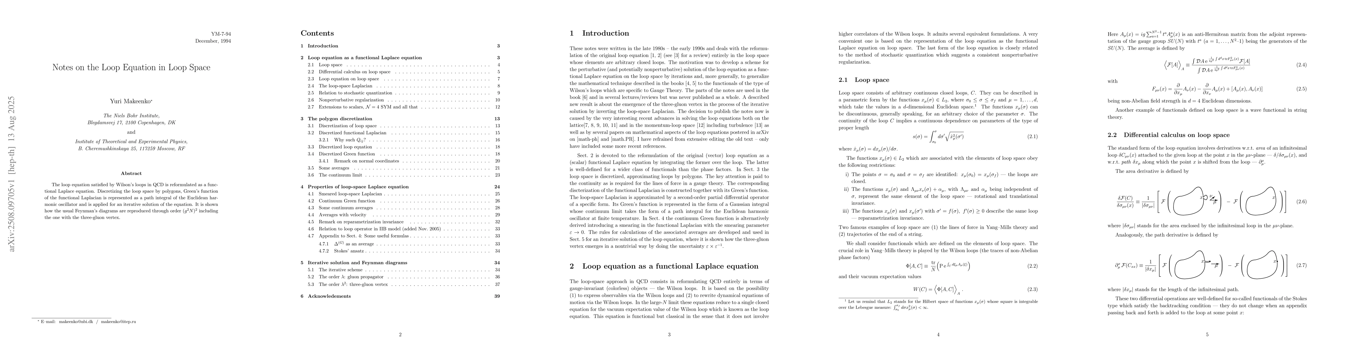 Thumbnail for Notes on the Loop Equation in Loop Space